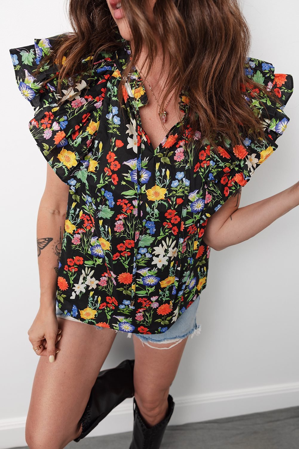 Black Tiered Flutter Sleeve V Neck Flower Blouse - Image 8