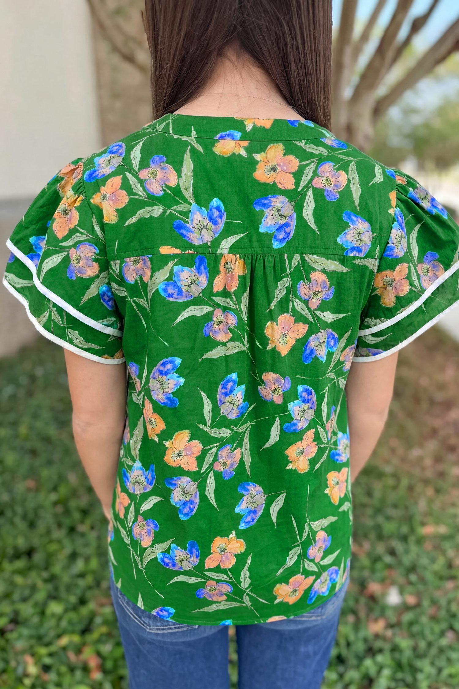 Green Plus Size Ruffled Short Sleeve Floral Top