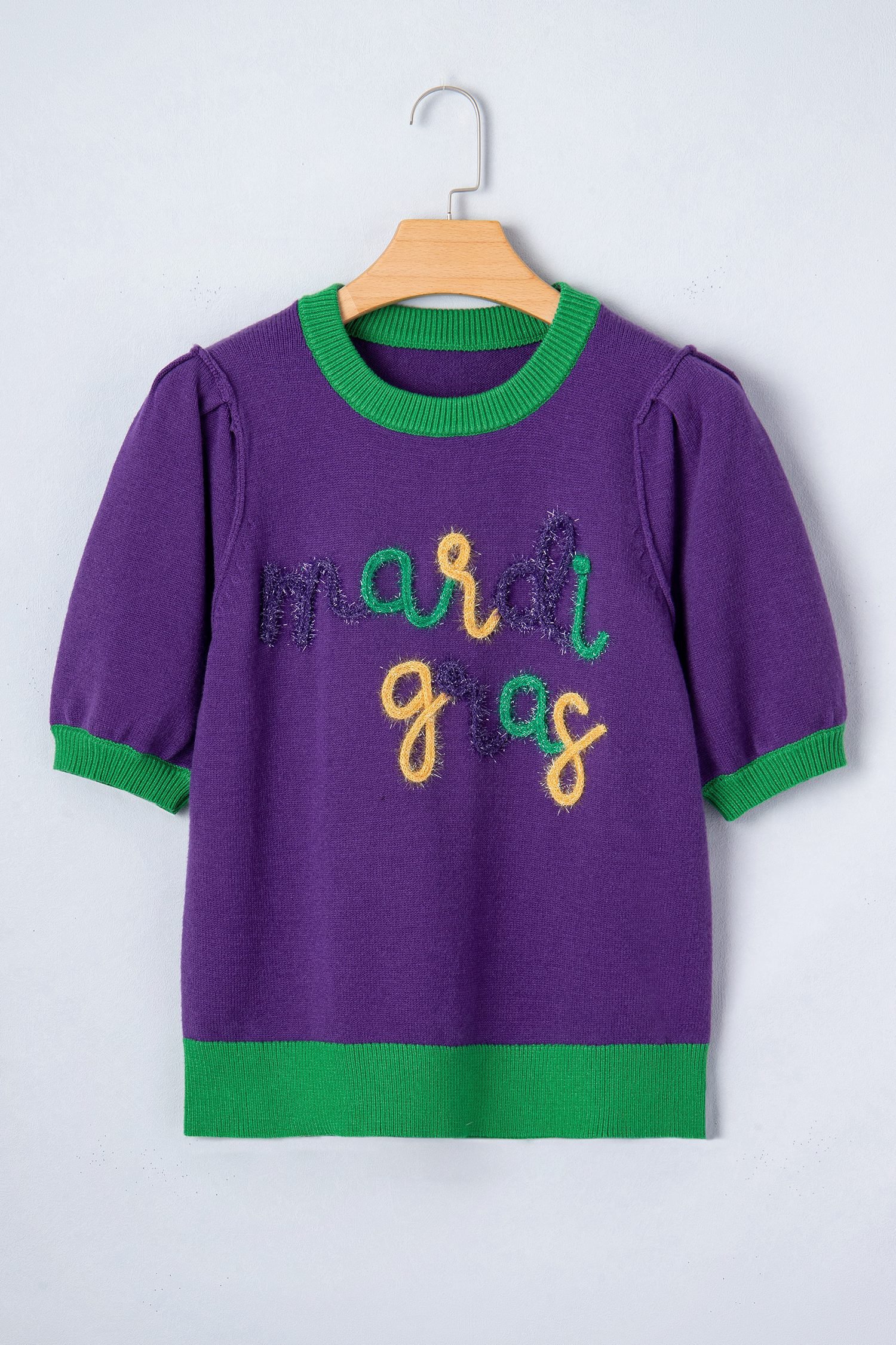 Tillandsia Purple Mardi Gras Tinsel Graphic Short Sleeve Sweater - Image 5