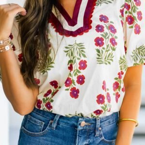 White Floral Short Bubble Sleeve Contrast Slit Neckline Blouse