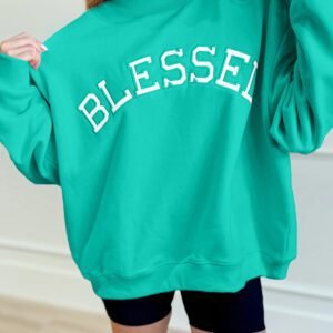 Sea Green Oversize Blessed Embroidered Mock Neck Sweatshirt