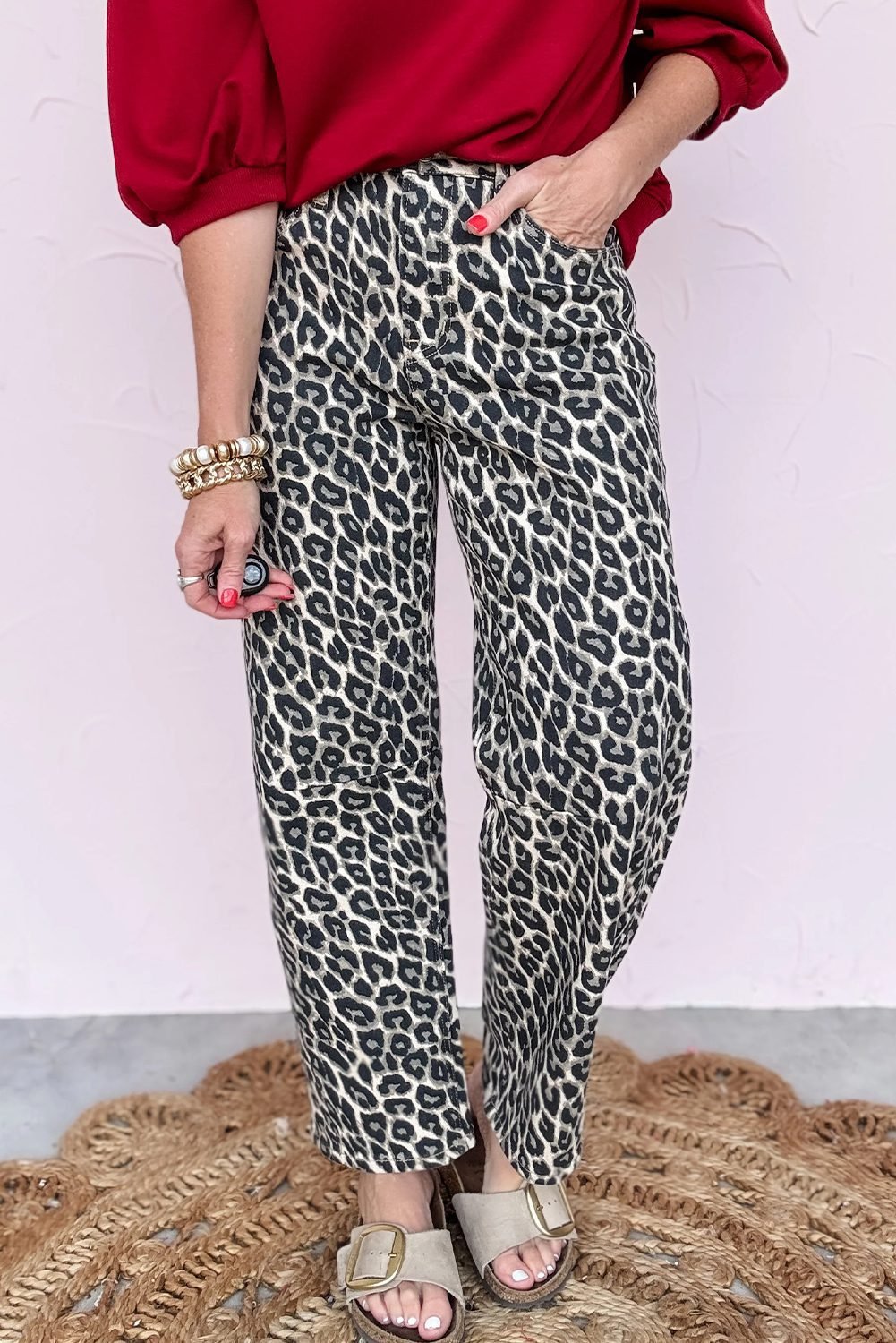 Black Leopard Print Barrel Jeans - Image 3