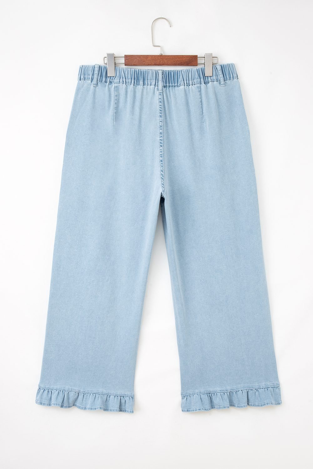 Beau Blue Plus Size Elastic Waist Ruffled Wide Leg Denim Pants