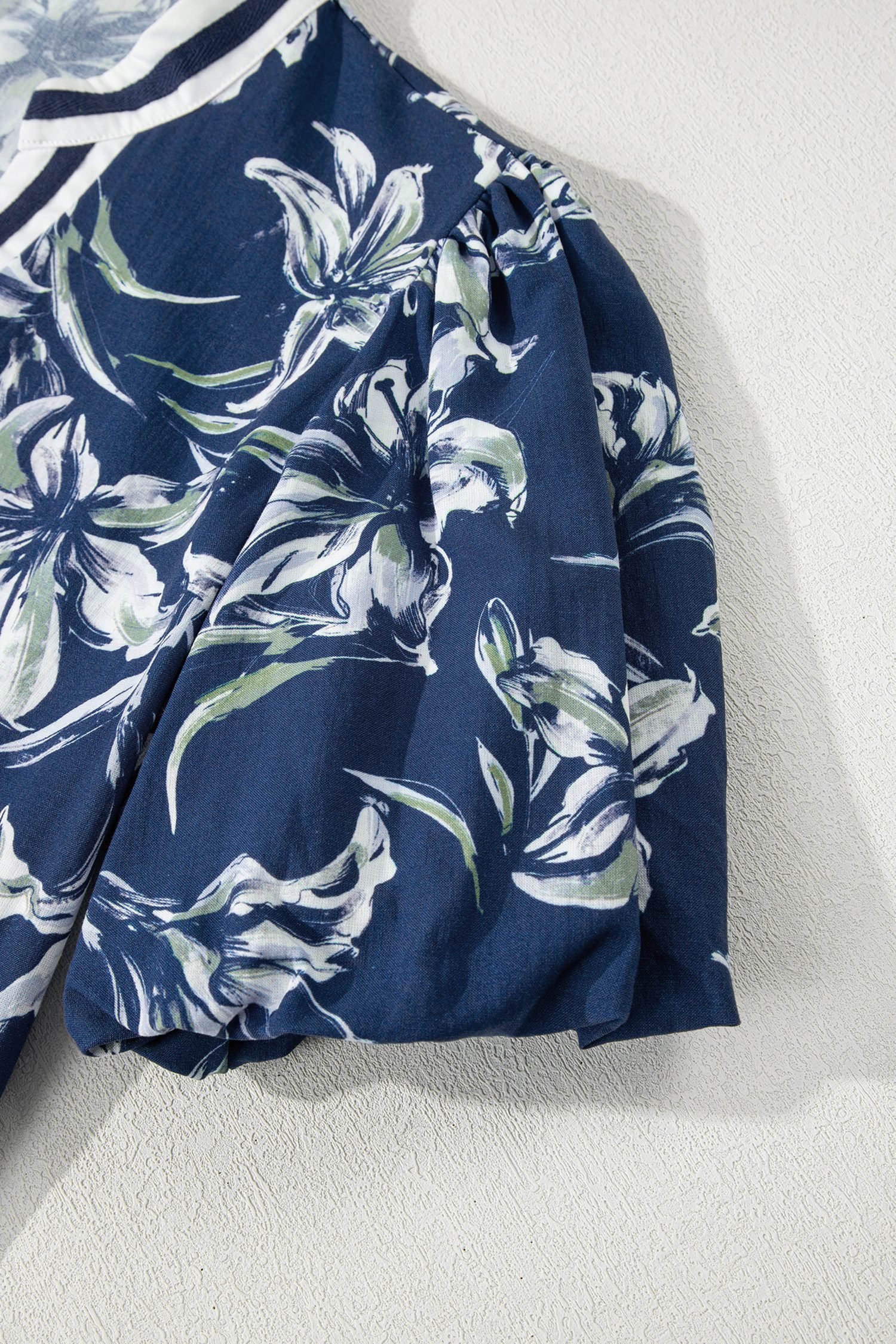 Blue Floral Print Short Puff Sleeve Striped Trim V Neck Blouse - Image 11