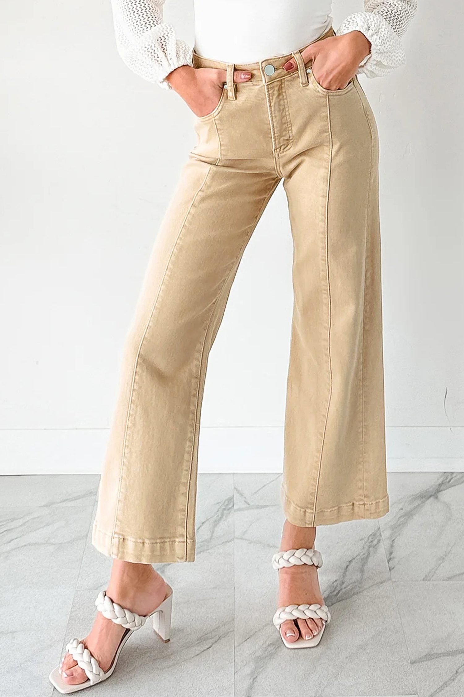 Apricot Solid Color Seamed Center Wide Leg Cropped Jeans - Image 3