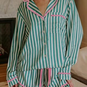 Green Stripe Contrast Ricrac Trim Long Sleeve Shirt Drawstring Ruffled Pajama Short Set