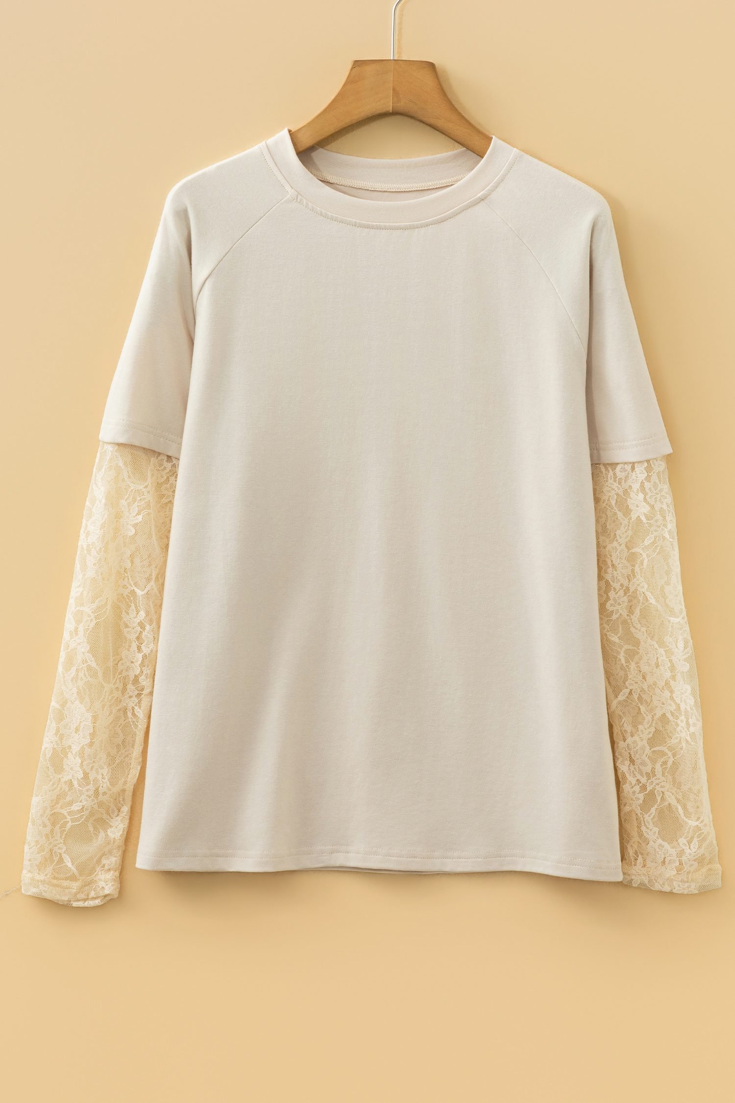 Jet Stream Solid Color Lace Patchwork Long Sleeve T Shirt