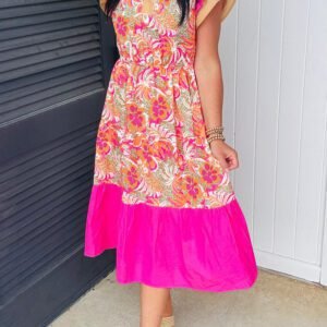 Rose Floral Print Color Block Ruffled Short Sleeve Flared Midi Dress