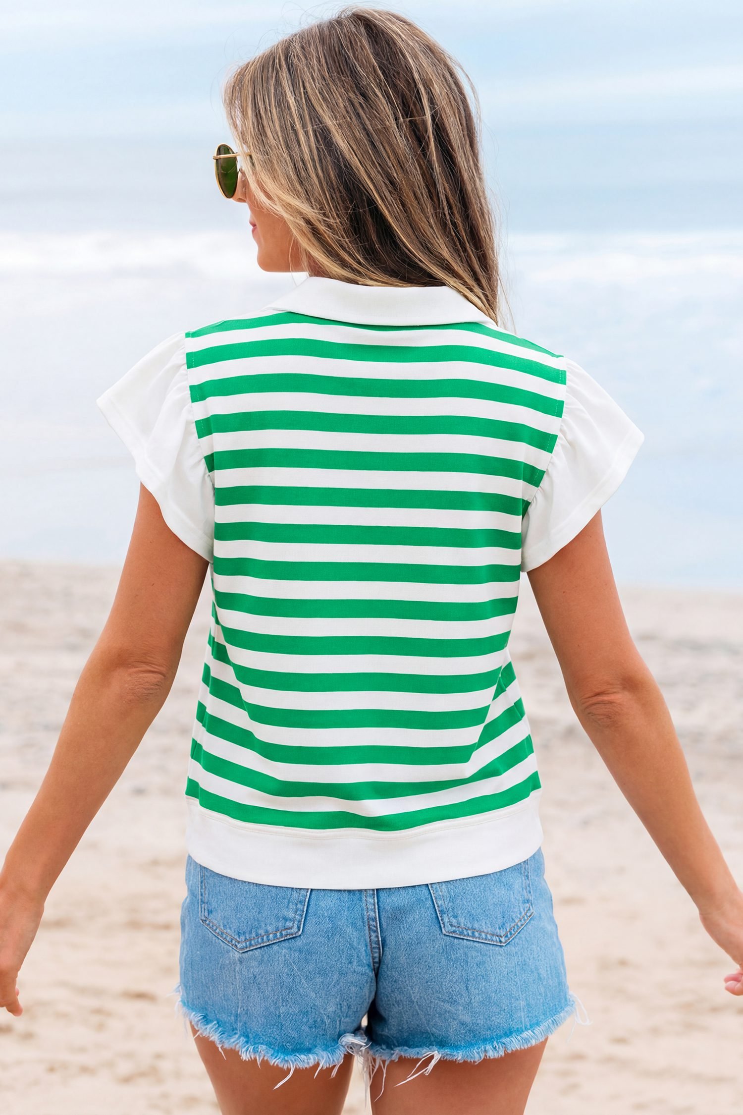 Green Stripe Collar V Neck Ruffled Short Sleeve Blouse