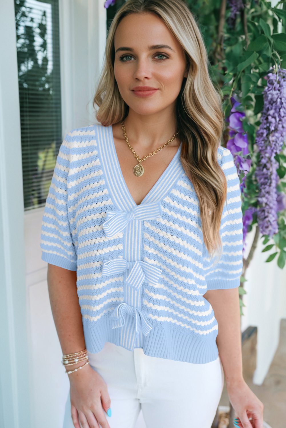 Sky Blue Stripe Short Sleeve Knit V Neck Bow Knot Sweater