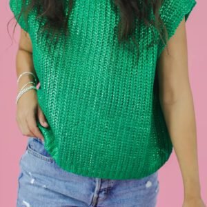 Bright Green Solid Color Knit High Neck Short Sleeve Sweater