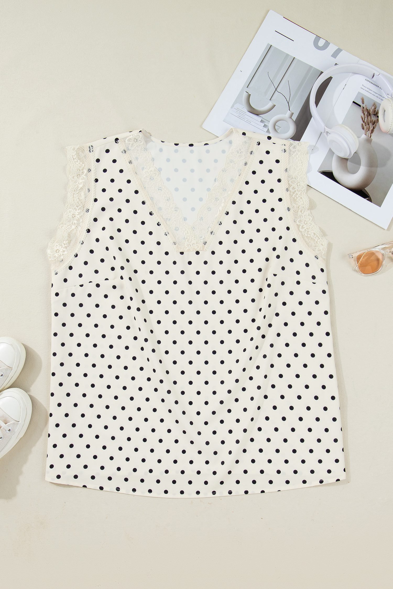 Apricot Plus Size Polka Dot Print Lace Trim V Neck Sleeveless Top