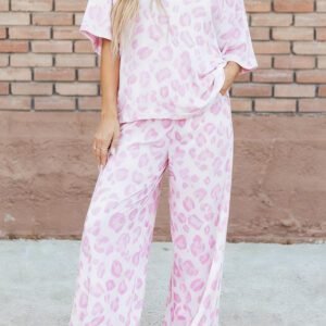 Pink Leopard Two Piece Top and Pants Set