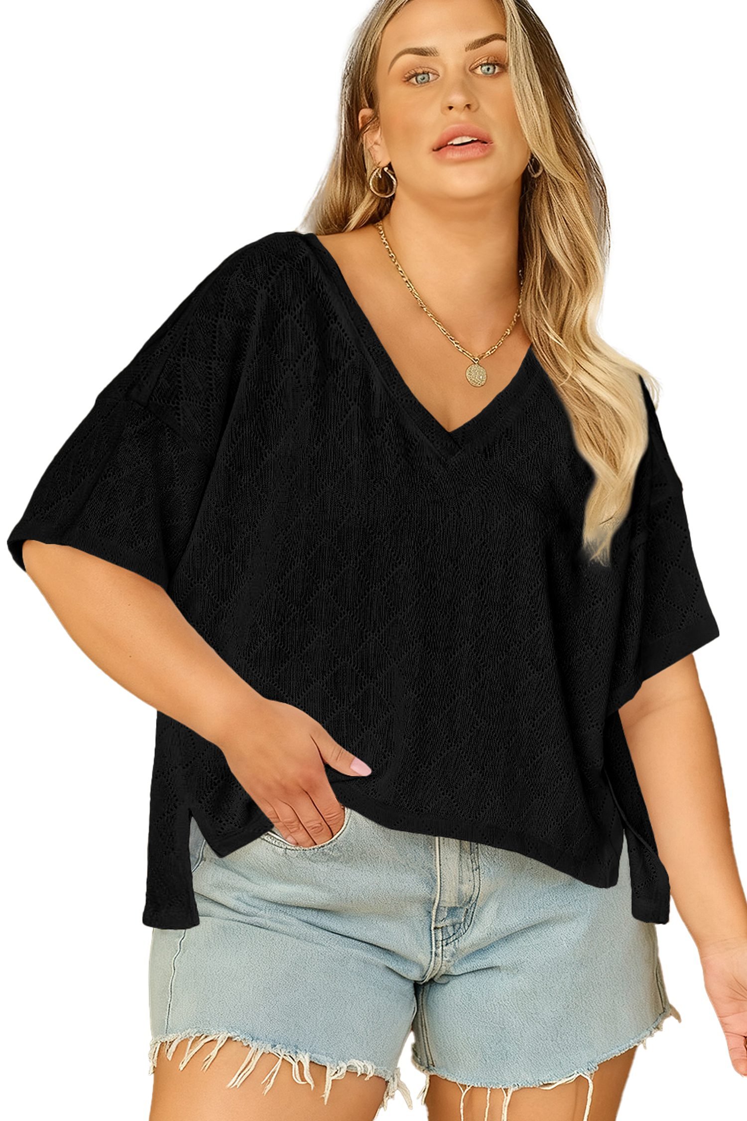 Black Pointelle Rhombus Knit Plus Size V Neck Loose Top