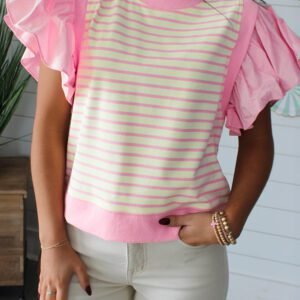 Pink Stripe Ruffled Short Sleeve Patchwork Blouse