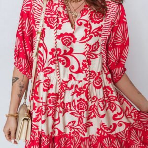 Red Collared V Neck Half Sleeve Loose Flower Mini Dress