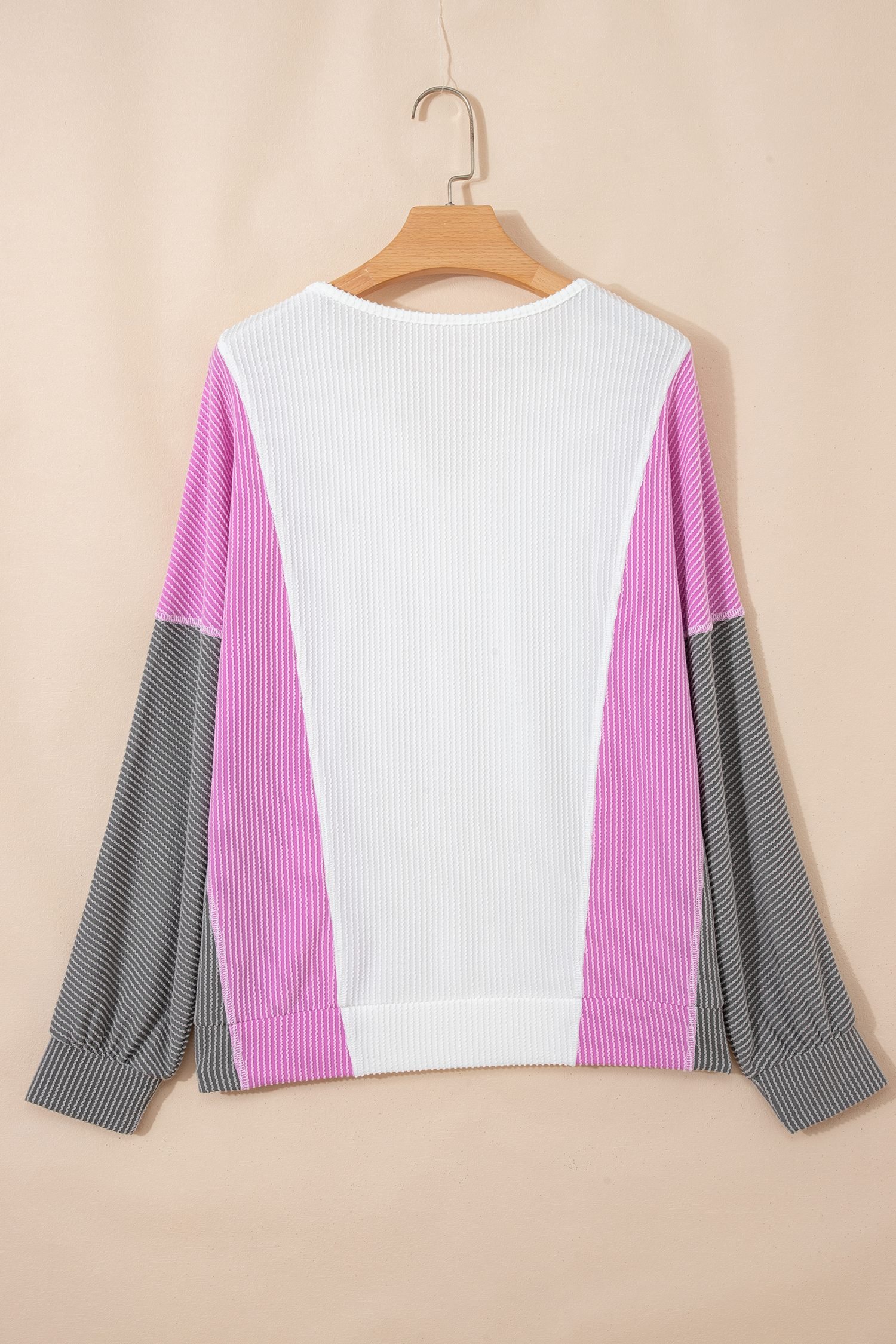 White Spiral Ribbed Raw Seam Color Block Patchwork Long Sleeve Top