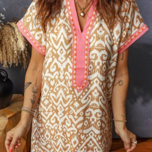 Khaki Western Fashion Print Striped Color Block Patchwork Shift Mini Dress