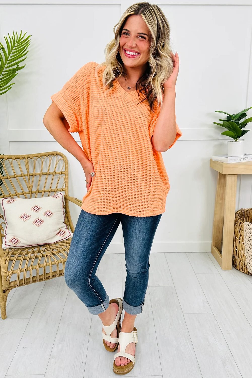 Grapefruit Orange Waffle V Neck Short Sleeve Knit Top