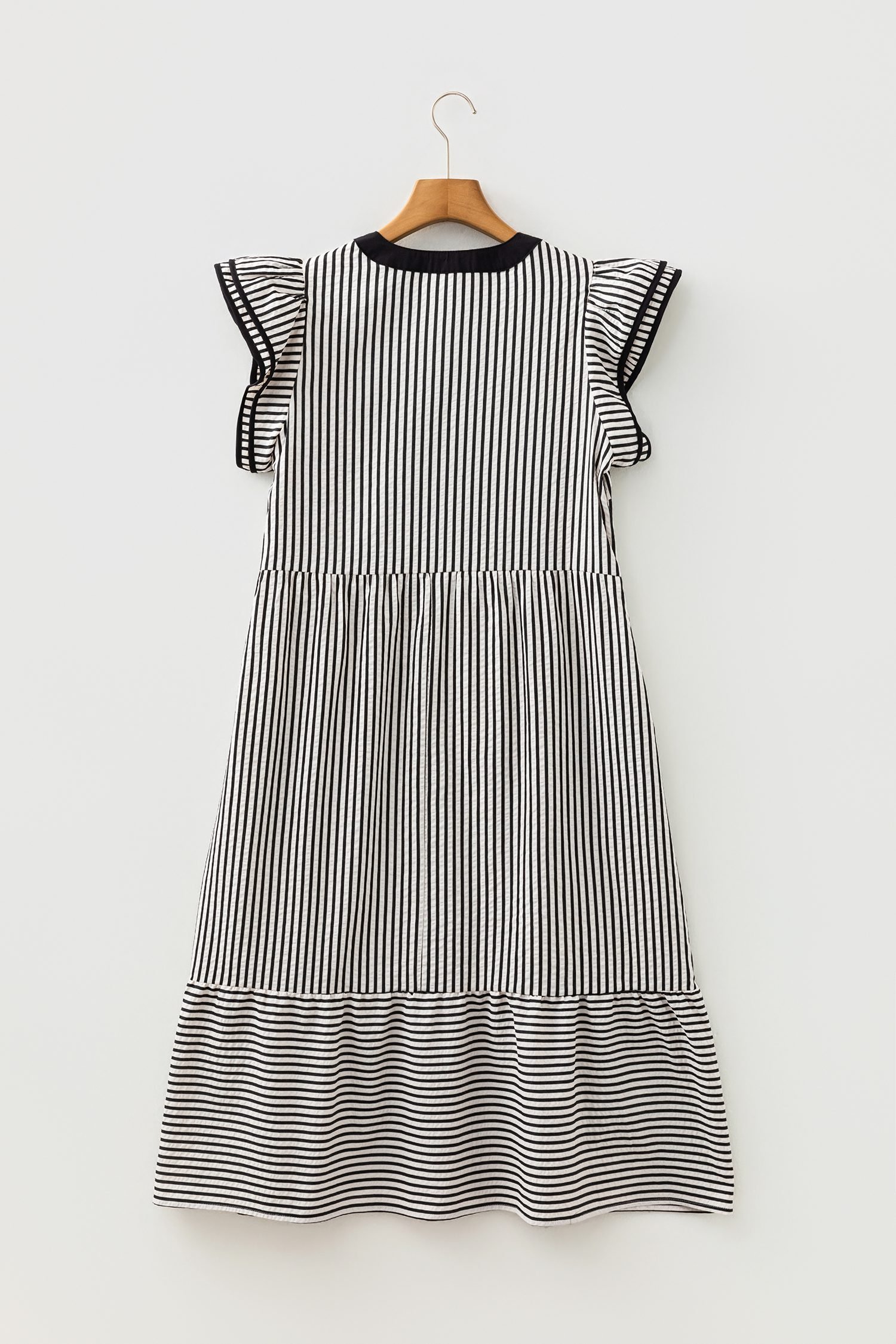 Black Stripe Double Ruffled Short Sleeve Contrast Trim V Neck Midi Dress - Image 7