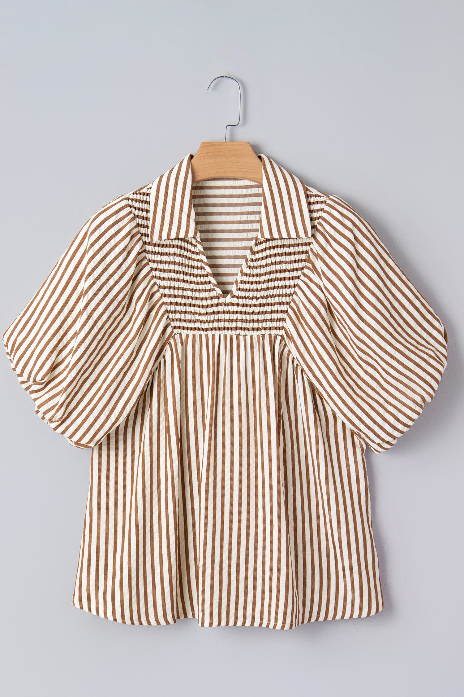 Brown Stripe Shirred V Neck Short Puff Sleeve Blouse - Image 14