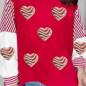 Fiery Red Color Block Striped Patchwork Valentines Day Sequin Heart Graphic Sweatshirt