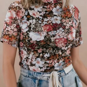Brown Floral Print High Neck Short Sleeve Mesh Top