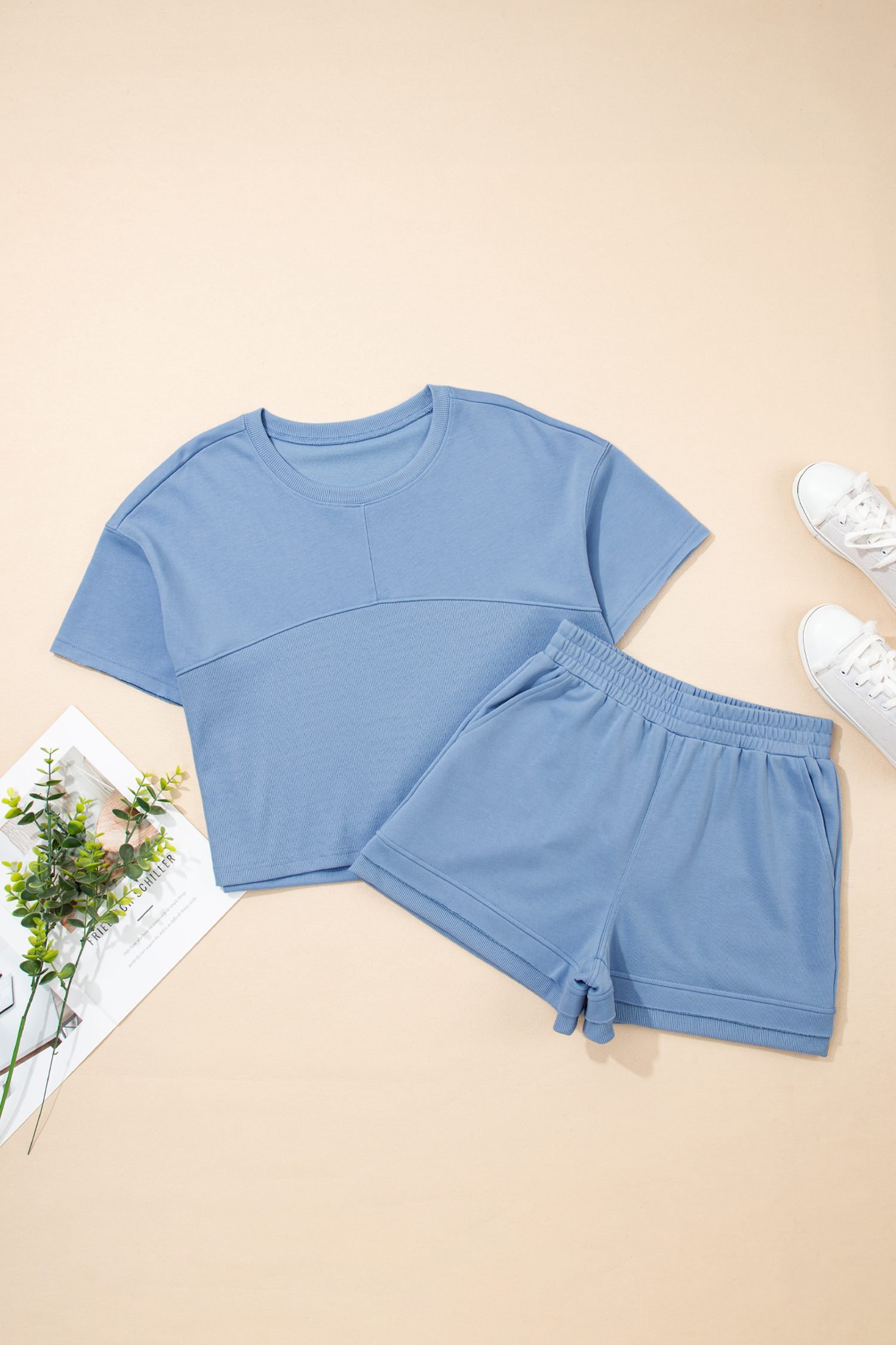 Sky Blue Solid Color Contrast Textured Patchwork Raw Edge 2pcs Short Set - Image 2