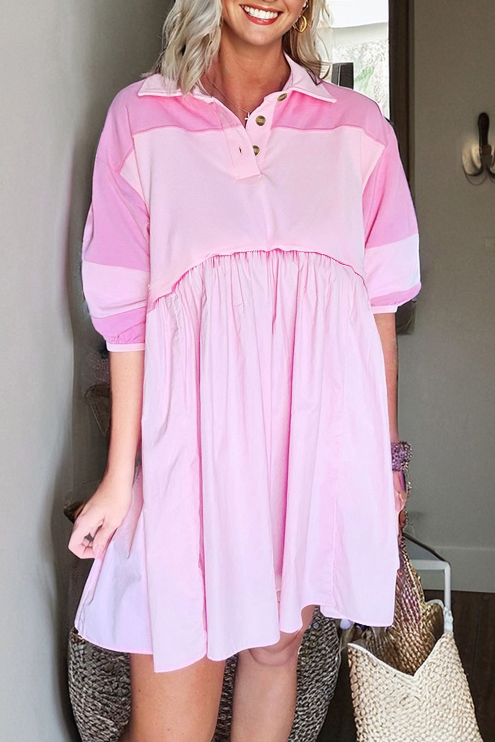 Pink Raw Seam Color Block Patchwork Button Polo Collar Mini Dress