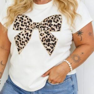 White Plus Size Leopard Bow Embroidered Patch Casual T Shirt