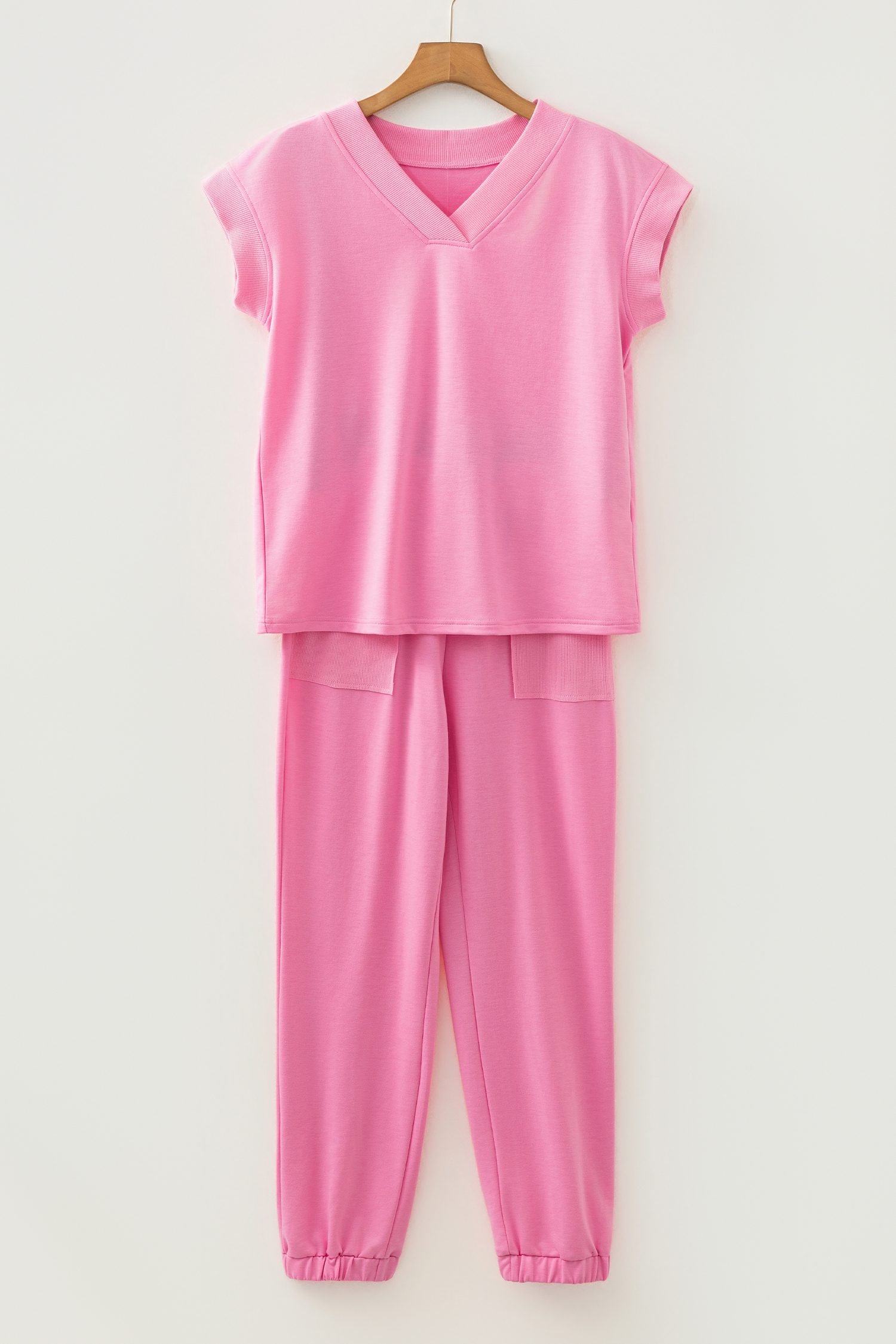 Bonbon Solid Color V Neck Tee Drawstring Pant Set - Image 4