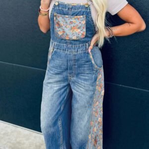 Peacock Blue Floral Patchwork Bib Denim Wide Leg Overalls