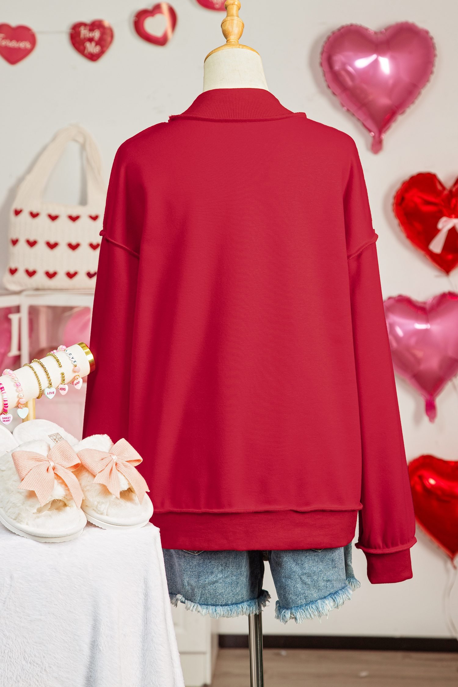 Racing Red Valentines Day Heart Love Script Reversible Printed Double Wear Mock Neck Sweatshirt
