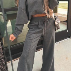Medium Grey Collared V Neck Pullover Sweatshirt Sweatpants Set