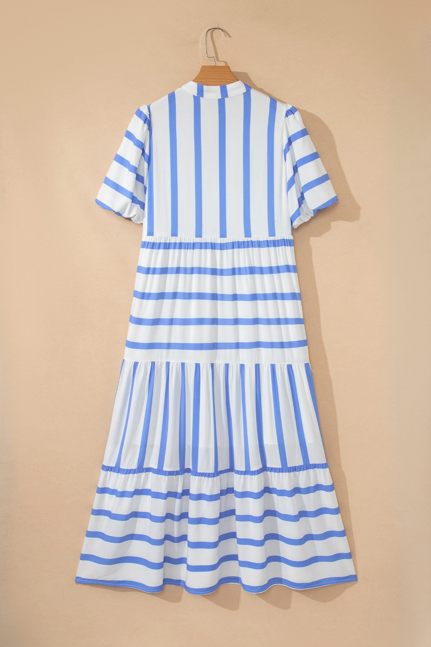 Sky Blue Stripe Ricrac Trim Notched Neck Half Sleeve Vacation Dress