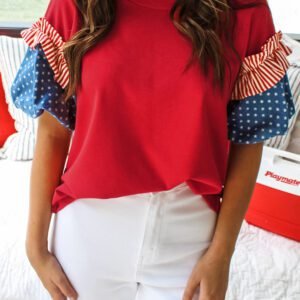 Fiery Red Stars Stripes Short Puff Sleeve Top