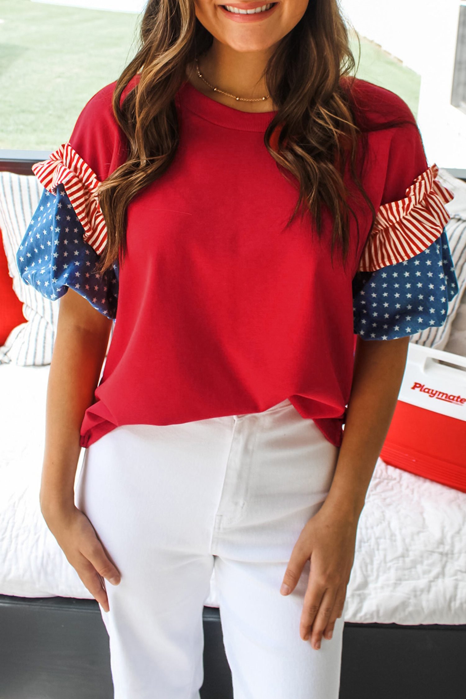 Fiery Red Stars Stripes Short Puff Sleeve Top
