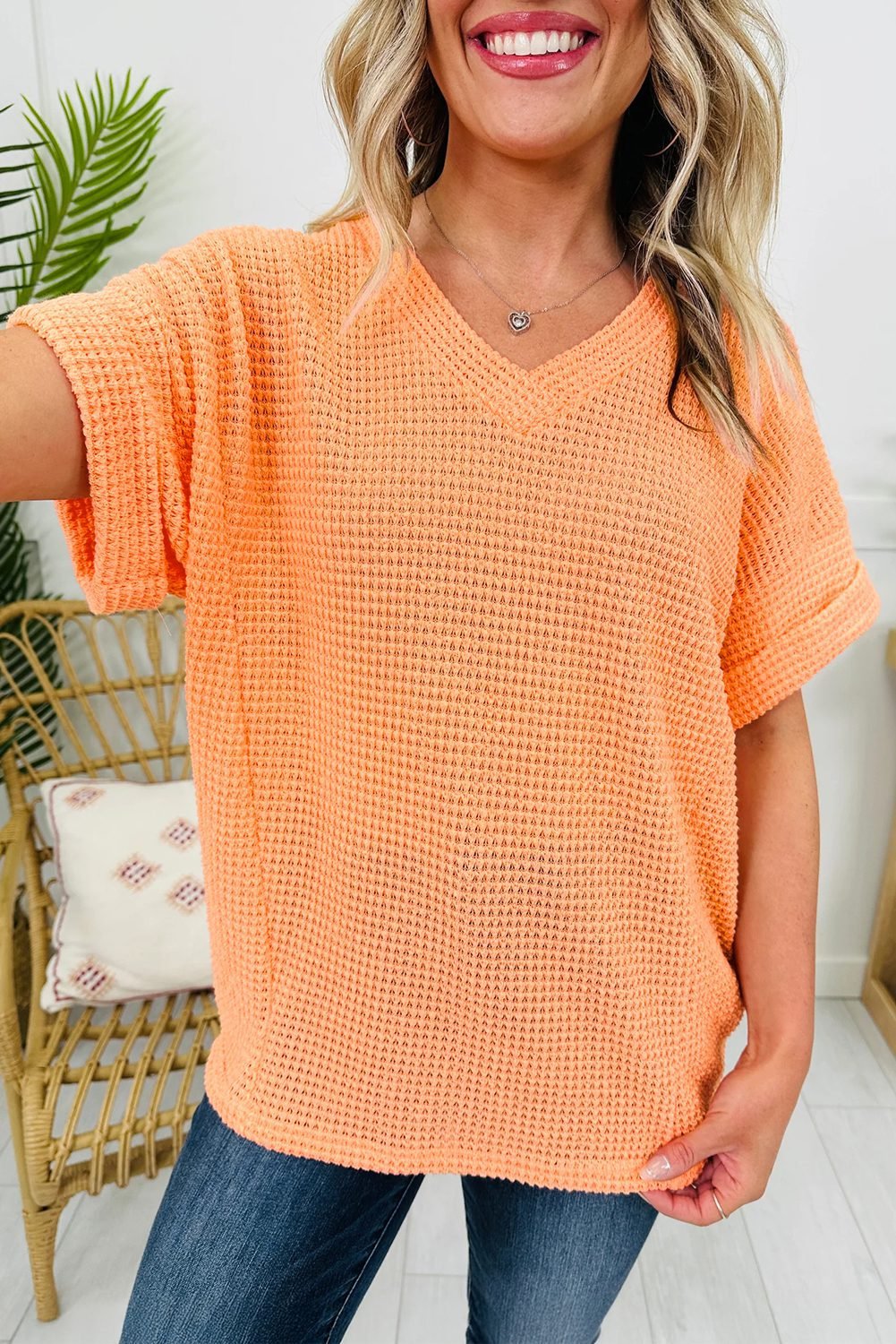 Grapefruit Orange Waffle V Neck Short Sleeve Knit Top