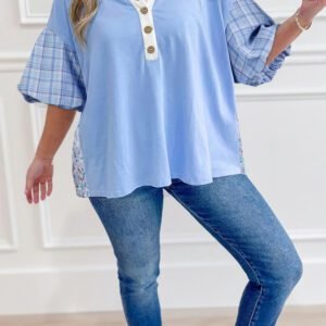Beau Blue Color Block Plaid Bubble Sleeve Patchwork Blouse