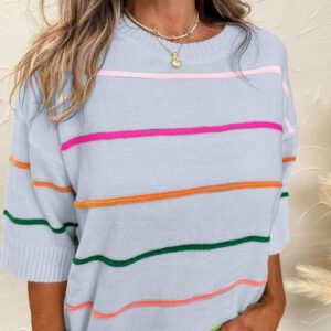 Beau Blue Colorblock Striped Half Sleeve Drop Shoulder Sweater