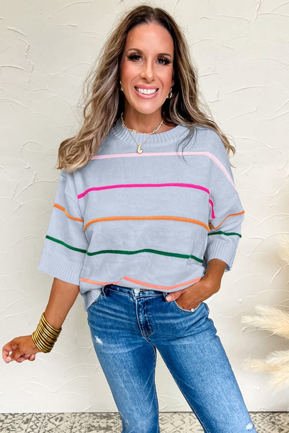 Beau Blue Colorblock Striped Half Sleeve Drop Shoulder Sweater