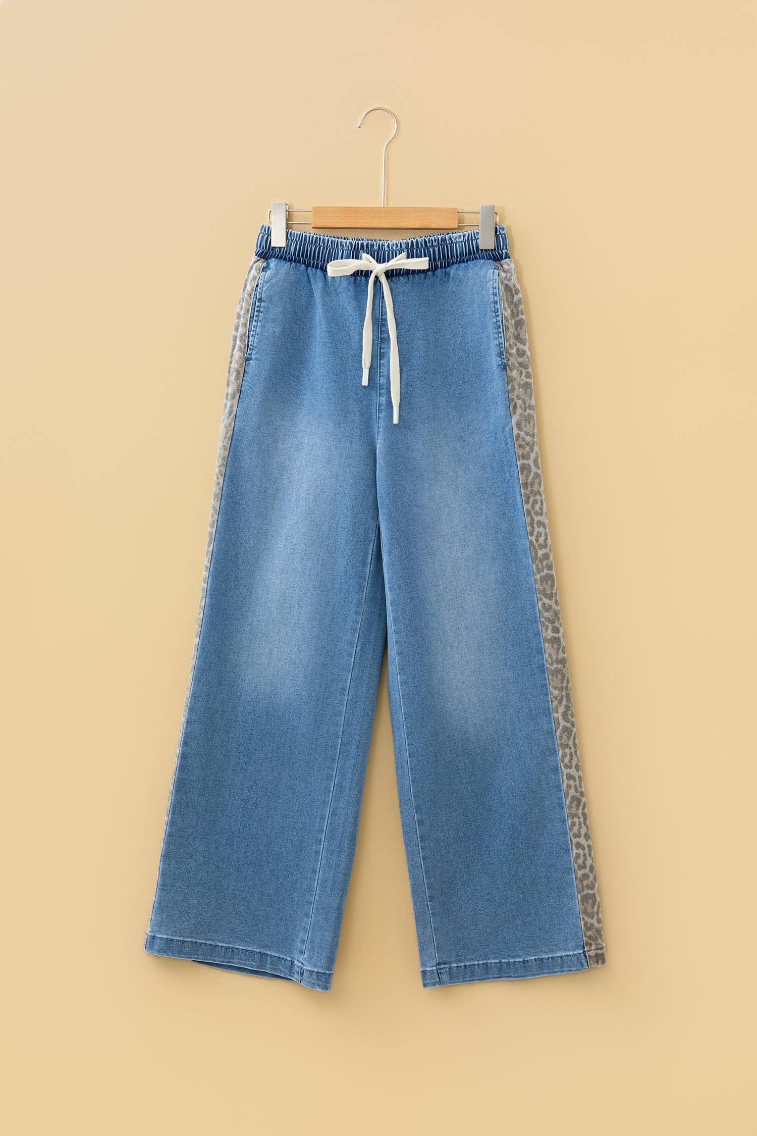 Beau Blue Drawstring Elastic Waist Leopard Striped Side Panel Wide Leg Jeans