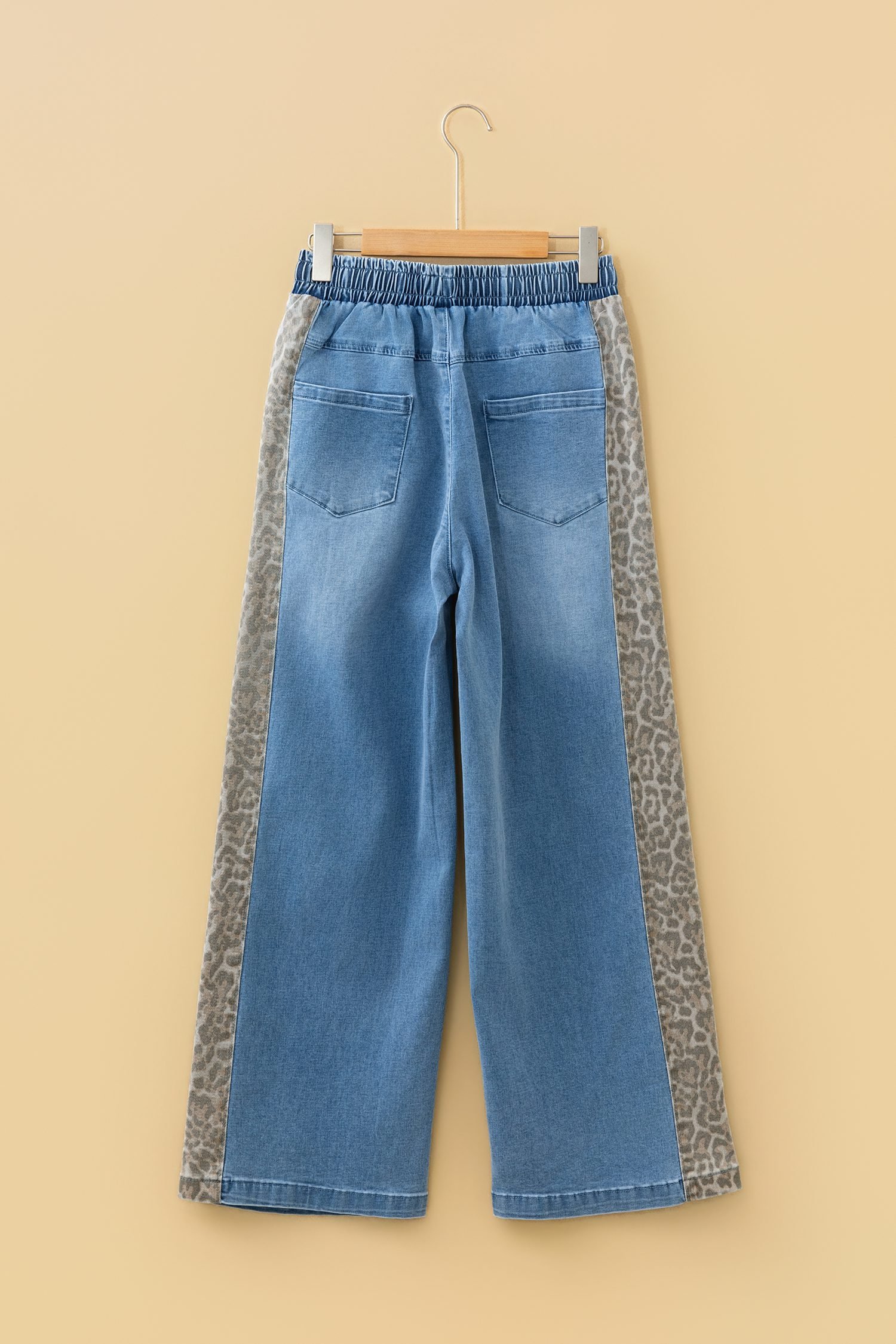 Beau Blue Drawstring Elastic Waist Leopard Striped Side Panel Wide Leg Jeans