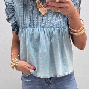 Beau Blue Ruffle Pleated Detail Vintage Washed Denim Top