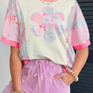 Beige Color Block Floral Patchwork Big Flower Accent Relaxed Top