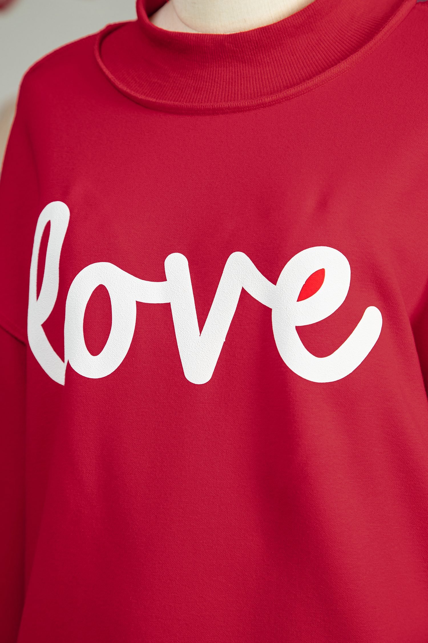 Racing Red Valentines Day Heart Love Script Reversible Printed Double Wear Mock Neck Sweatshirt
