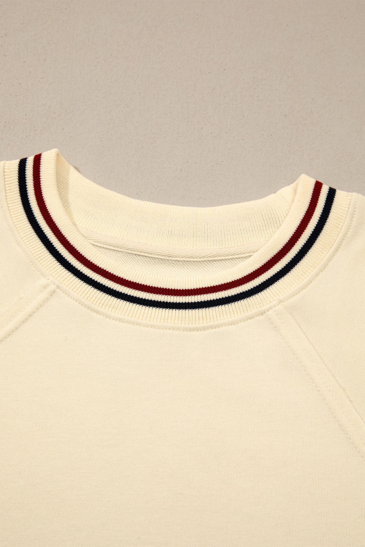 Beige Contrast Varsity Striped Neckline Cuffed Short Sleeve Loose Tunic Top