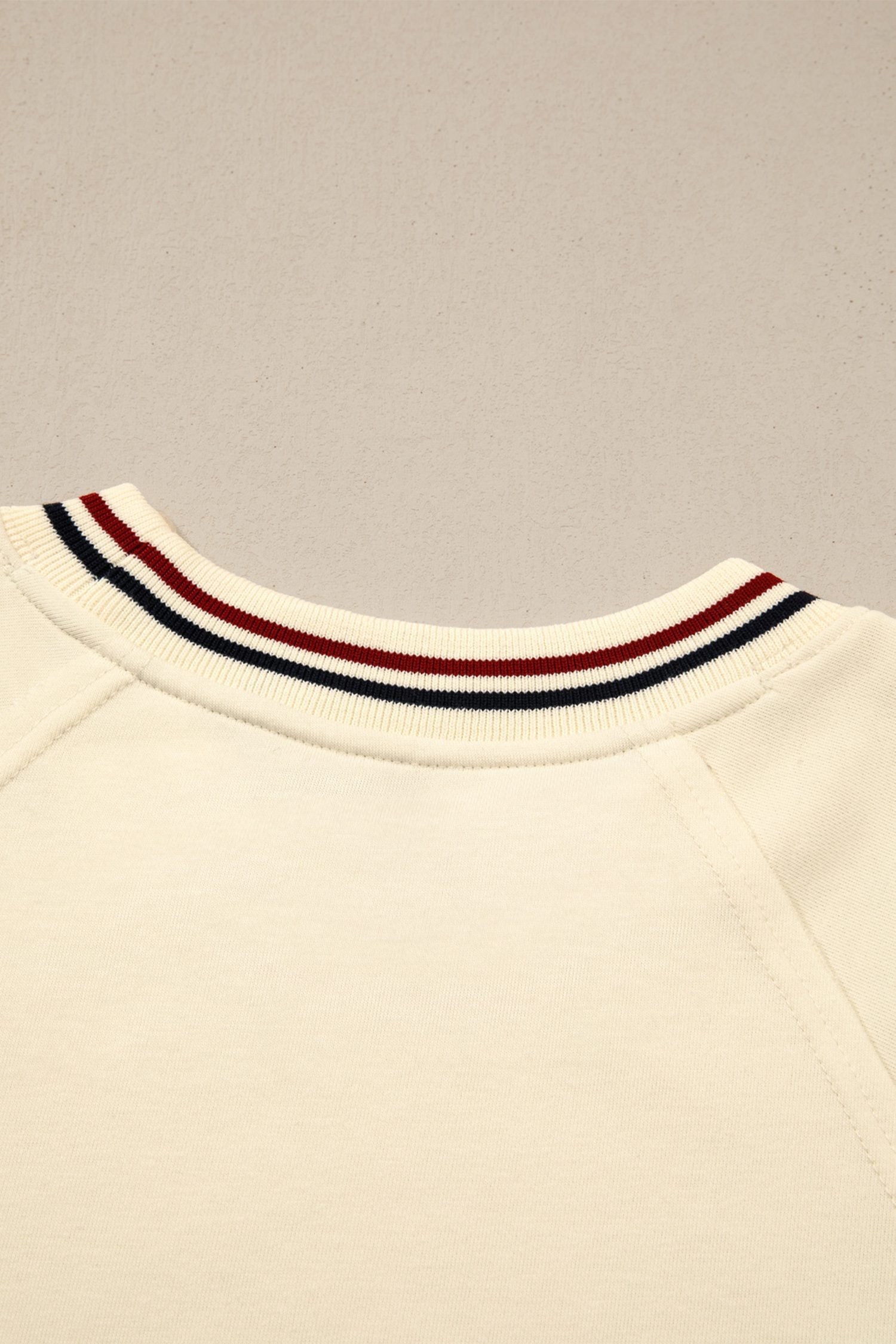 Beige Contrast Varsity Striped Neckline Cuffed Short Sleeve Loose Tunic Top