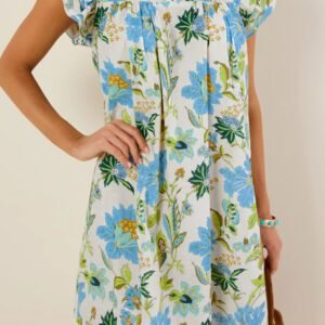 Beige Floral Print V Neck Triple Ruffle Short Sleeve Shift Mini Dress