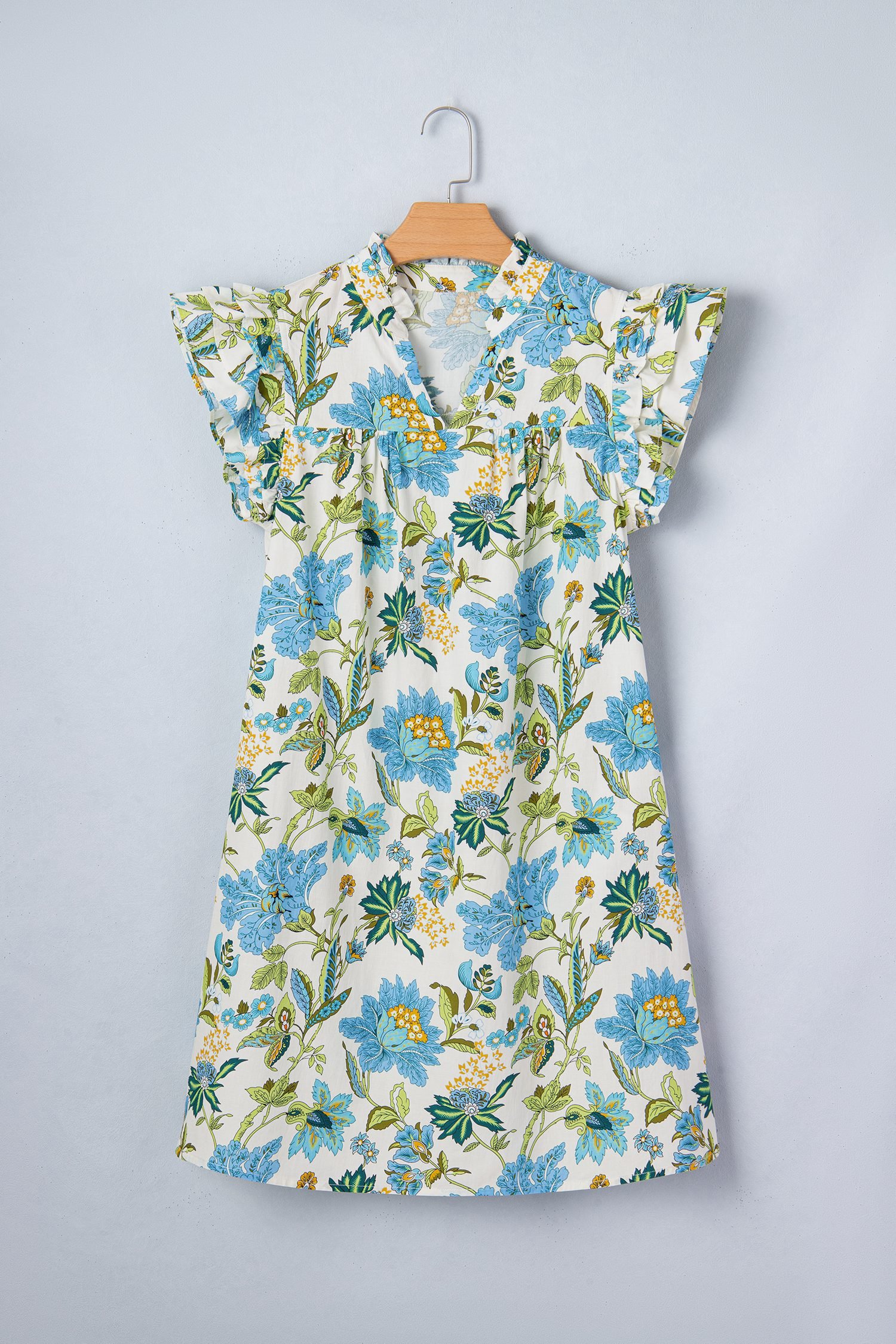 Beige Floral Print V Neck Triple Ruffle Short Sleeve Shift Mini Dress